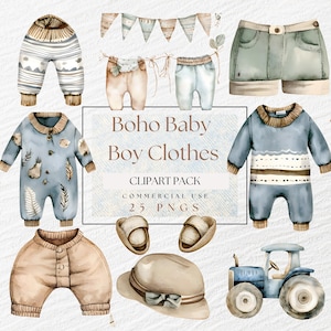 Clipart vêtements Boho pour bébé garçon, corde à linge Png, images de nid d'abeilles pour baby shower, illustration de tracteur, image neutre pour nouveau-né, invitation aquarelle