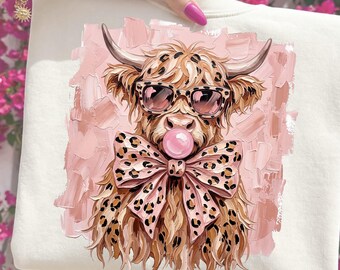 Brushstroke Highland Cow Coquette PNG, Trendy Leopard Pink Cow Bubble Gum Png, Western Graphics, Cowgirl Sublimation, Western Shirt Design