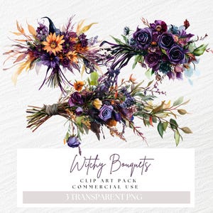 Clipart bouquet da sposa stregato, decorazioni da strega, clipart fiori dark moody, png matrimonio gotico, immagini floreali gotiche, bouquet essiccato, acquerello