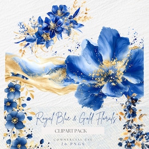 Bordure or bleu royal et cadre floral clipart, clipart bouquet bleu, mariage bleu Royal Png, Images d'invitation de mariée, graphique aquarelle