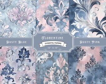 Florentine Paper Digital Download, Dusty Blue Pink Digital Papers, Christmas Florentine Png, Christmas Art, Pattern Paper Images, Wall Paper
