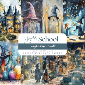 Papiers numériques école de sorcier, conception pour enfants, motif amusant pour les enfants, baguettes, livres de potions, images d'oreillers, aquarelle magique, PNG pour sublimation