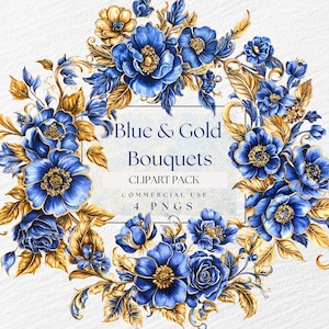 Clipart koningsblauw en goud bloemen, illustraties koningsblauwe rozen, koningsblauwe bruiloft png, boeket zeer fijne tekeningen, chinoiseriebloemen, aquarel