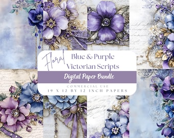 Blue and Purple Floral Victorian Script Digital Papers, Lace Diamantes Ornate Gold Chain, Neutral Watercolor Png, Vintage Junk Journal Pages