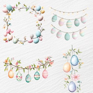 May include: A set of four digital illustrations featuring pastel colored Easter eggs decorated with floral accents. The eggs are arranged in different patterns, including a wreath, a garland, and a single egg hanging from a branch.