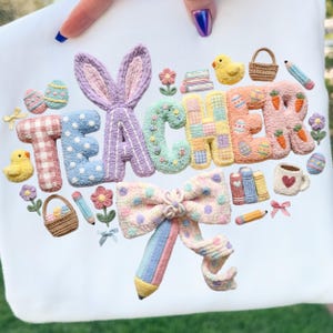 Teacher Easter Bunny Png, Teacher Coquette PNG, Faux Yarn Latch Hook PNG, Teacher Appreciation PNG, Poetcore Retro Design, Digital Download