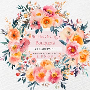 Könnte beinhalten: Aquarell-Clipart-Paket mit rosa und orangefarbenen Blumensträußen. Das Clipart-Paket enthält 4 PNG-Dateien für kommerzielle Nutzung.