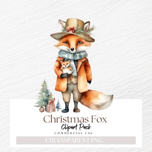 Clipart renard de Noël, animal de la forêt de Noël dans des vêtements, Illustration de renard, personnage mignon Png, paquet unique des cliparts enfants, cliparts automne