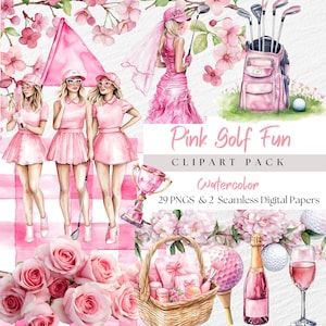 Clip art di Pink Ladies Golf, clipart di campi da golf ad acquerello, carta digitale a quadretti rosa senza cuciture, immagini di inviti per feste di addio al nubilato a tema golf