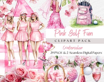 Pink Ladies Golf Clip Art, Golf Course Watercolor Clipart, Pink Seamless Gingham Digital Papers, Golf Bachelorette Party Invitation Images