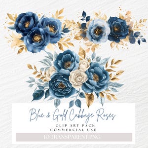 Dusty Blue and Gold Floral Clipart, Light Blue Flower Png, Cabbage Roses, Blue Wedding Bouquet Clip Art, Gold Bridal Invitation, Watercolor