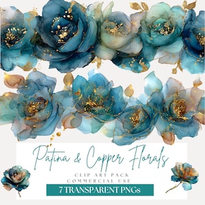 Op de afbeelding: Watercolor bloemen clip art pack met teal en gouden rozen. Het ontwerp bevat zeven transparante PNG's met een patina en koper bloemen thema. De tekst luidt "Patina & Copper Florals".