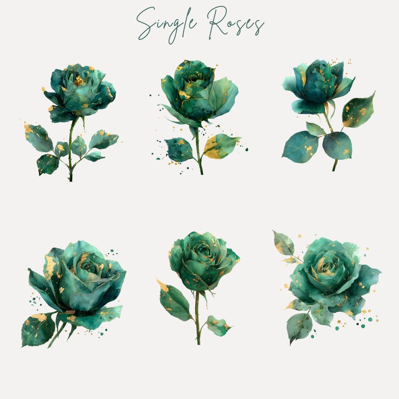 Emerald Green and Gold Floral Clipart, Ivory Gold Roses Png, Borders ...