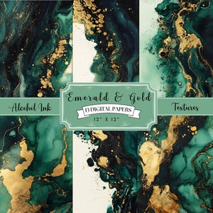 Emerald Green and Gold Alcohol Ink Digital Papers, 13 12x12&quot; JPG Files, Green and Gold Texture Backgrounds, Emerald and Gold Scrapbook Paper