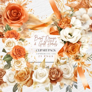 Png floral orange brûlé et or, bordures/cadres de roses d'invitation, rubans de noeuds coquette, fleurs ivoire, bouquets de mariage d'automne, aquarelle