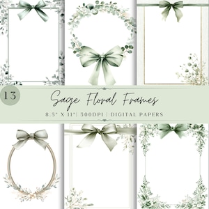 Può includere: Set di carte digitali con cornici floreali verde salvia con fiocchi e accenti botanici. Le cornici sono di varie forme, rettangolari e ovali, con il testo "Sage Floral Frames" e dimensioni di 21,6 x 27,9 cm.