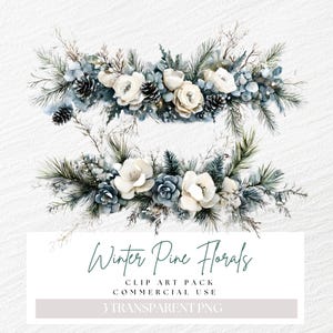 Imagens florais de inverno de rosas de marfim branco, clipart de buquê de pinheiros de inverno em cascata, arranjos de flores de Natal, guirlanda de Natal PNG, aquarela
