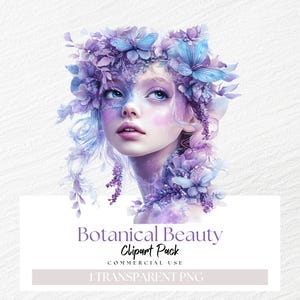 Clipart botanique fille papillon, violet et bleu pastel, clipart jolie fille, anniversaire fille papillon PNG, bouquetière, journal indésirable