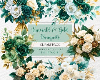 Emerald Green Roses Png, Gold Green and Ivory Rose Bouquet Clipart, Emerald Floral Clip Art, Wedding Flower Images,  Invitation flower image