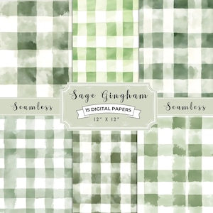 Sage Green Gingham Pattern Digital Papers, Seamless Patterns, Plaid Patterns, Plaid Digital Paper, Watercolor, Sage Green Scrapbook Pages