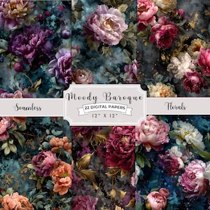 May include: A selection of 22 digital papers with a moody baroque floral design. The papers showcase seamless patterns of peonies and other flowers in pink, purple, and gold on a dark teal background. Each paper is 30.48 cm x 30.48 cm.