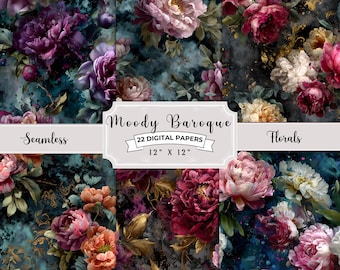 May include: A collection of 22 digital papers with a moody baroque floral design. The papers feature seamless patterns of peonies and other flowers in shades of pink, purple, and gold on a dark teal background. Each paper is 12" x 12".