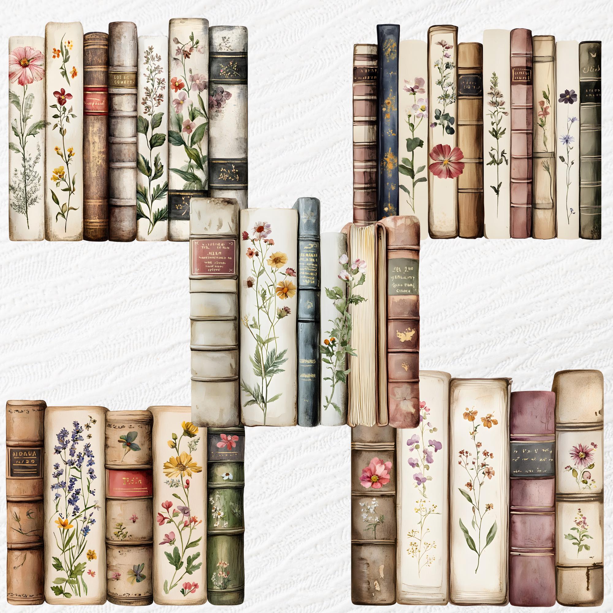 Book Spine Clip Art, Vintage Books Png, Rustic Flowers Clipart, Vintage ...