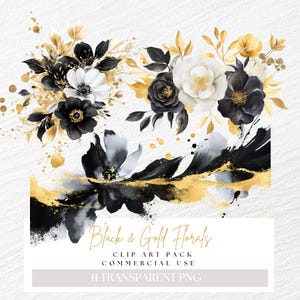 Clipart floral noir blanc et or, clipart nouvel an or noir, bouquets de fleurs, fleurs pour enterrement, bordures d'invitation de mariage aquarelle