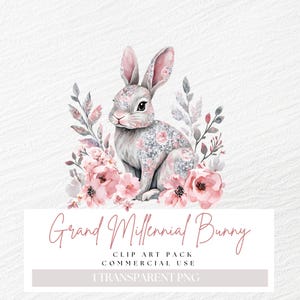Grandmellenial Osterhase Png, Staubige Rosa-Silber-Farben, Chinoiserie Blumenkaninchen Clipart, Ostern Toile, Frühlingshochzeits-Einladungs-Bild