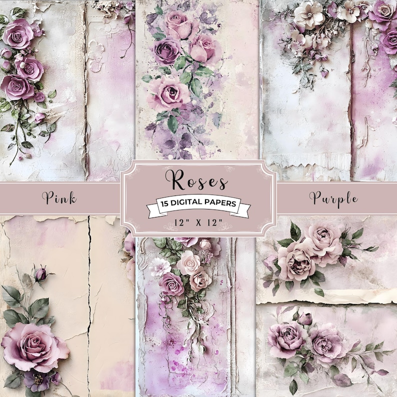 Pink and Purple Roses Digital Papers, Layered Paper Background, Shabby ...