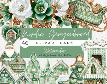 Hygge Scandinavian Folk Art Clipart, Ginger Bread House Clip Art, Green White Christmas, Gingerbread Santa Xmas Tree Ornaments Girl Man Shop