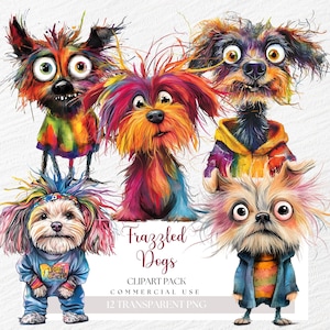 Frazzled Dogs Clip Art, Frazzled Dog Clipart, Funny Dog PNG Bundle, Colourful Dog Images, Boho Dog Cartoon, Dogs Wearing Clothes, Watercolor