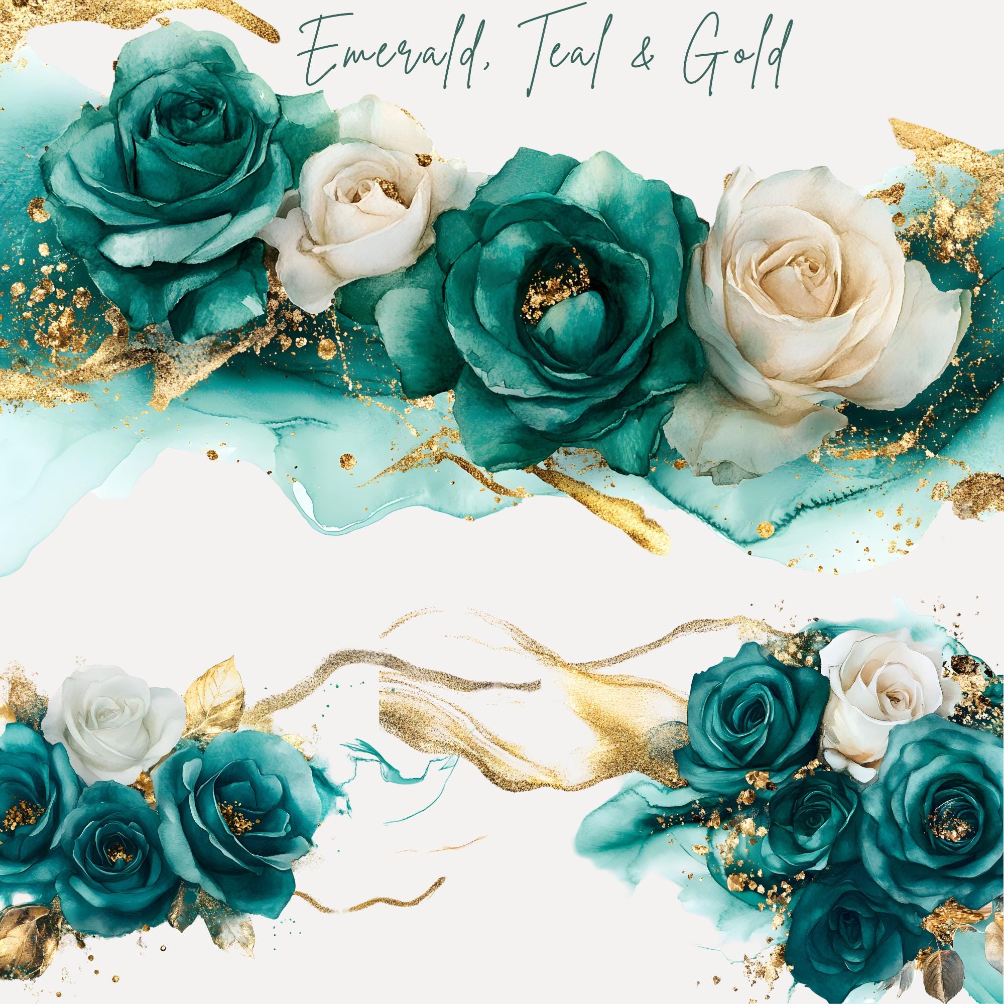Emerald Green and Gold Floral Clipart, Ivory Gold Roses Png, Borders ...