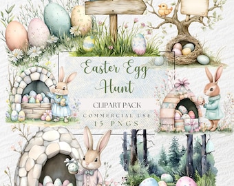 Easter Egg Hunt Clipart, Whimsical Easter Bunny Clip Art, Cute Easter Bunny Chick And Colourful Egg Png, Watercolor, Easter Invitation Image