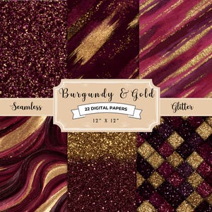 Puede incluir: Un conjunto de papeles digitales con seis patrones sin costuras en borgoña y dorado. Los diseños incluyen purpurina, pinceladas y formas geométricas. El tamaño del papel es de 30,48 cm x 30,48 cm. El texto de la imagen dice "Burgundy & Gold".