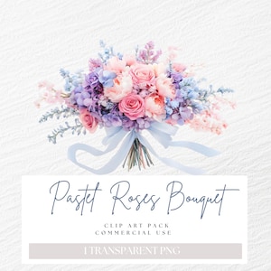 Pastell Rosen Strauß Clipart, Pfirsich Lila Blau Blumen, Floral mit Schleife Band, Grandmellenial Valentinstag, Vintage Hochzeit Braut Png