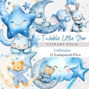 Aquarel kinderliedje clipart, Twinkle Twinkle Little Star PNG, maan en sterren baby shower clipart, olifant ballonnen uitnodiging illustraties