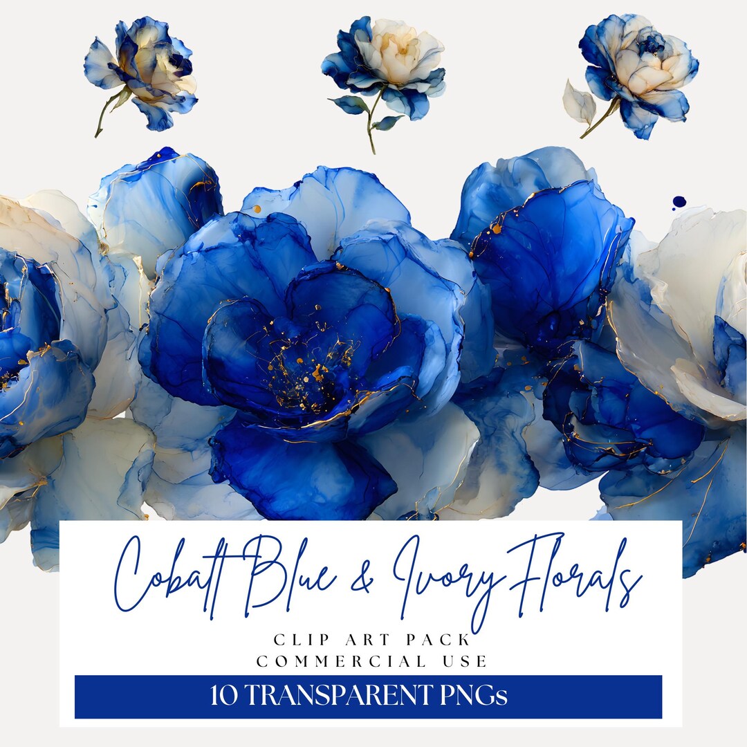 Cobalt Blue and Ivory Floral Clipart, Blue Ivory Roses Png, Blue Flower ...