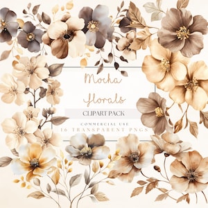 Mocha Flowers Clipart, Mocha Mousse and Gold Floral Clip Art, Watercolor, Floral Invitation Borders Frames, Summer Fall Wedding Bouquets PNG