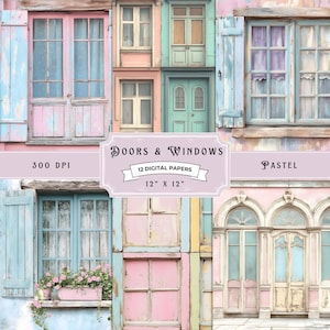 Cyfrowe papiery Okna i drzwi, Shabby Chic Design, Pastel, Akwarela, Rustykalne drzwi Png, Pobieranie cyfrowe, Album, Rustykalne tła
