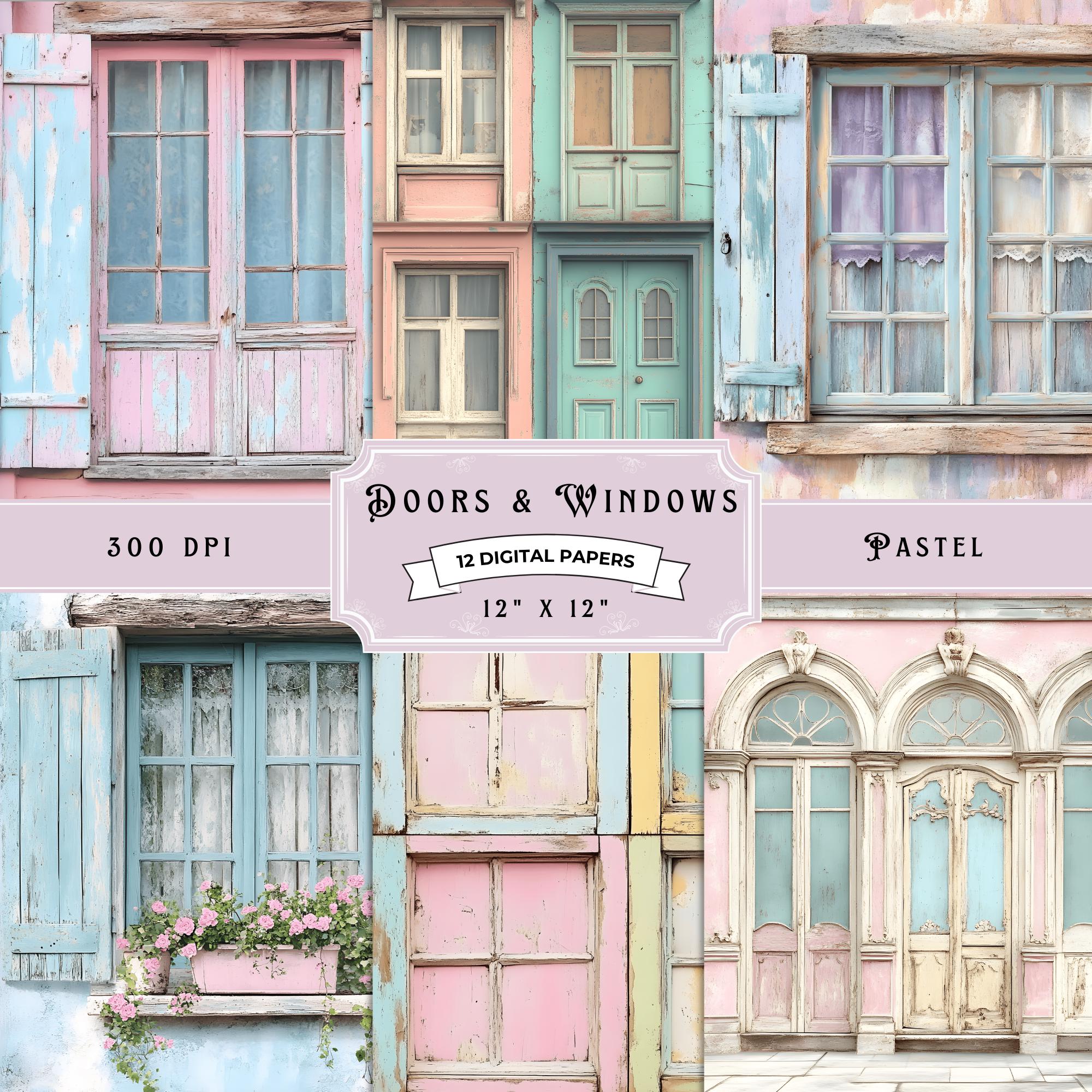 Digital Papers Windows and Doors, Shabby Chic Design, Pastel, Watercolor, Rustic Doors Png, Digital Download, Scrapbook, Rustic Backgrounds