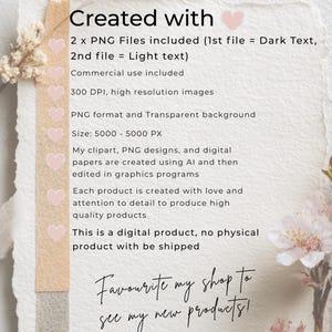 May include: A digital product description with text that reads "Created with" and details about PNG files, commercial use, image resolution, and size. The text also mentions the creation process and that no physical product will be shipped.