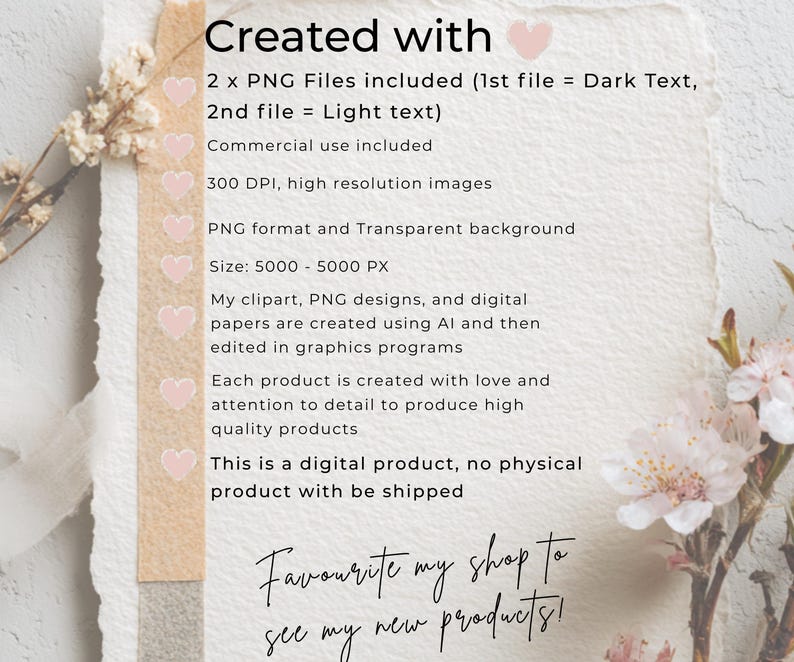May include: A digital product description with text that reads "Created with" and details about PNG files, commercial use, image resolution, and size. The text also mentions the creation process and that no physical product will be shipped.