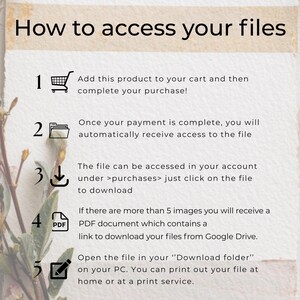 May include: A beige graphic with the text "How to access your files" and numbered steps with icons. Instructions include adding to cart, accessing files after payment, and downloading from Google Drive. Floral accents frame the text.