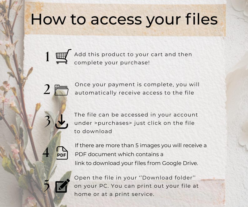 May include: A beige graphic with the text "How to access your files" and numbered steps with icons. Instructions include adding to cart, accessing files after payment, and downloading from Google Drive. Floral accents frame the text.