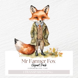 Clipart renard fermier, animal de la forêt en tweed dans des vêtements, Illustration de renard, renard mignon personnage Png, paquet unique des cliparts enfants, cliparts automne