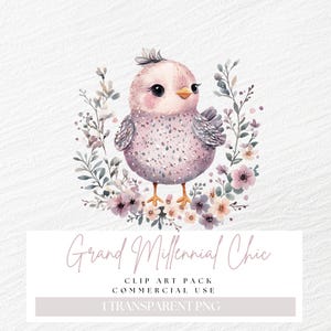 Grandmellenial Easter Chick Png, Colori Argento Rosa Polvere, Clipart Uccello Floreale Chinoiserie, Toile Pasquale, Immagine Invito Nozze Primavera