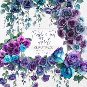 Blaugrün und lila Blumen Clipart, Aquarell rosa lila blau Clip Art, Blumen hängende Girlanden, Rosen Blumenstrauß PNG, Blumenrahmen Einladung