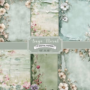 Carta digitale floreale Sage, 17 file JPG da 12x12", stile Shabby Chic, carta strappata e strappata, sfondo Boho, pagine di album, acquerello
