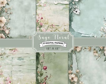 Sage Floral Digital Papers, 17 12x12&quot; JPG Files, Shabby Chic Design Style, Torn Ripped Papers, Boho Background, Scrapbook Pages, Watercolor